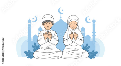 Muslim boy and girl in traditional white clothing pray together with a beautiful blue mosque silhouette in the background.