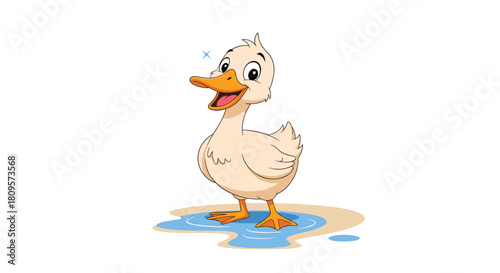 Adorable and happy little yellow duckling character stands splashing cheerfully in a small blue puddle of water.