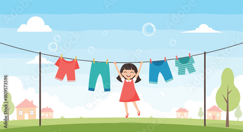 Happy young girl hangs freshly washed colorful clothes on a clothesline outdoors on a sunny day with houses in the background.