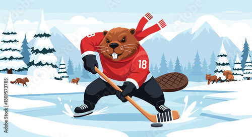 Determined beaver wearing a red hockey jersey and scarf plays ice hockey on a frozen pond in a snowy mountain scene.