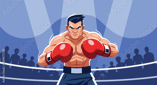 A determined and muscular boxer with red gloves stands ready to fight in a boxing ring under bright spotlights.