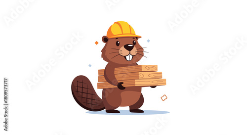 Industrious cartoon beaver character wearing a yellow hard hat proudly carries a stack of wooden planks for construction.