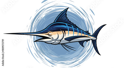 Dynamic blue marlin fish leaps from the water with a splash creating a powerful circular emblem for a fishing logo.