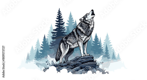 Majestic gray wolf stands on a rocky cliff and howls at the moon with a misty pine forest in the background.
