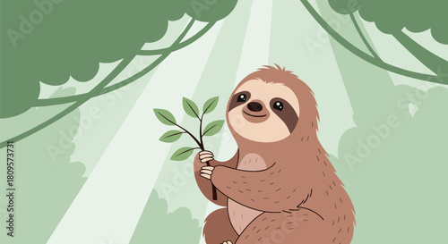 A sweet and content cartoon sloth holds a leafy branch while sitting in a gentle sunbeam shining through the jungle canopy.