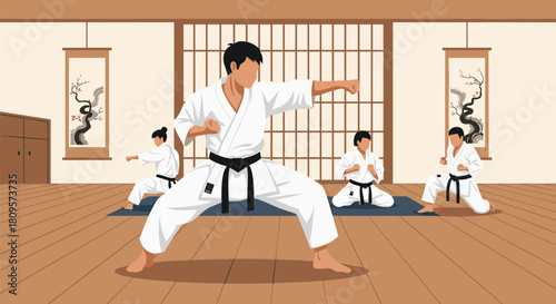 Group of people in white uniforms and black belts practice karate stances and punches inside a traditional Japanese dojo.
