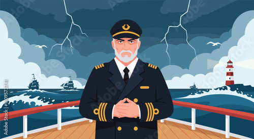Experienced sea captain with a gray beard stands firmly on the deck of his ship during a dramatic ocean storm.