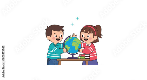A happy boy and girl work together to explore the world by pointing at countries on a globe in a classroom setting.