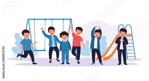 A group of diverse and happy young boys have fun playing together on a playground with swings and a slide outdoors.