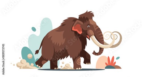A large woolly mammoth with giant curved tusks walks through a prehistoric landscape in a stylized flat vector design.