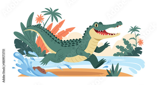 A cheerful cartoon alligator with a wide smile runs happily along the shore of a tropical river with palm trees.