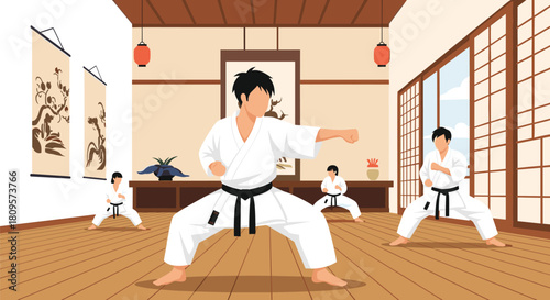 An instructor leads a karate class with students practicing martial arts stances in a traditional Japanese dojo setting.