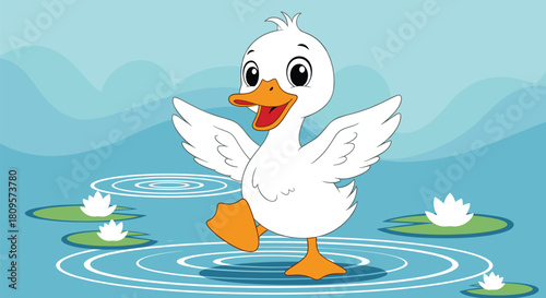 An adorable white duckling character joyfully dances on the water of a blue pond surrounded by green lily pads.