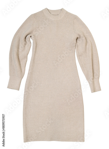 Women beige fit long sweater dress warm knitted isolated on a transparent background. PNG.