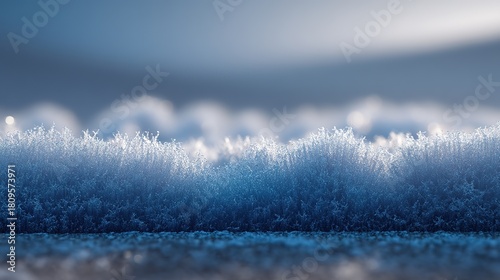 A dense cluster of slender, frost-covered plants glistens in the light against a softly blurred blue-gray background, captured in close-up to highlight the intricate details and cold