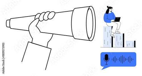 Hand holding a telescope for searching, woman seated on a bar graph with a laptop symbolizing analysis, voice message icon for communication. Ideal for research, strategy, data, technology, growth