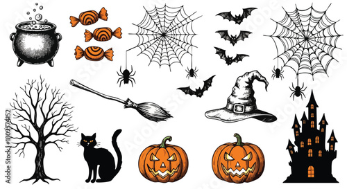 Spooky Halloween illustrations featuring a haunted house, black cat, pumpkins, bats, witch's hat, cauldron, and spiderwebs for eerie seasonal decor projects