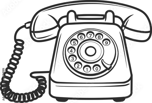 Vintage Rotary Telephone Illustration Line Art.