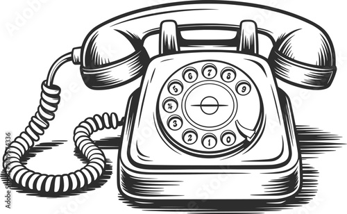 Vintage Rotary Telephone Illustration Line Art.