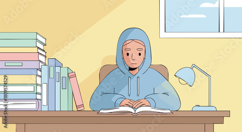 A focused student in a blue hoodie sits at a desk to study, surrounded by stacks of books.