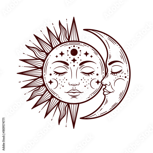 Celestial Embrace Sun and Moon Illustration in Elegant Outline Style