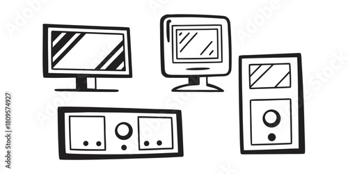 A drawing depicts a computer monitor, a vintage computer monitor, a computer tower, and a component with buttons.