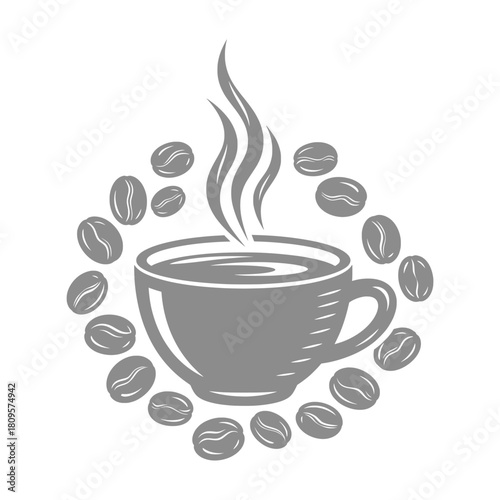 Symbolic grayscale silhouette of a steaming coffee cup, with a circular design of roasted beans representing the life of a cafe