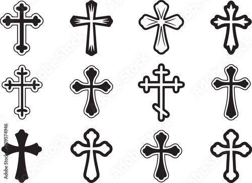 Set of hand drawn cross designs in vintage style for religious themes. Vector Black silhouettes. with white background