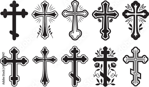 Set of hand drawn cross designs in vintage style for religious themes. Vector Black silhouettes. with white background