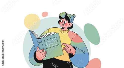 A cheerful young person in winter attire holds a book and points, possibly explaining the content.