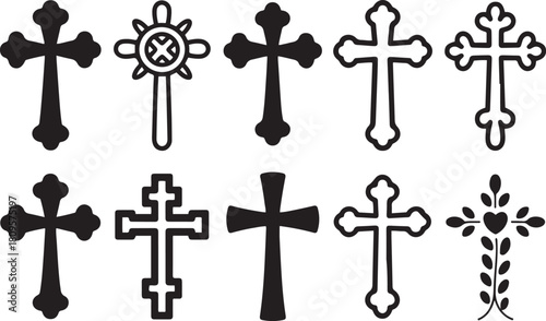 Set of hand drawn cross designs in vintage style for religious themes. Vector Black silhouettes. with white background