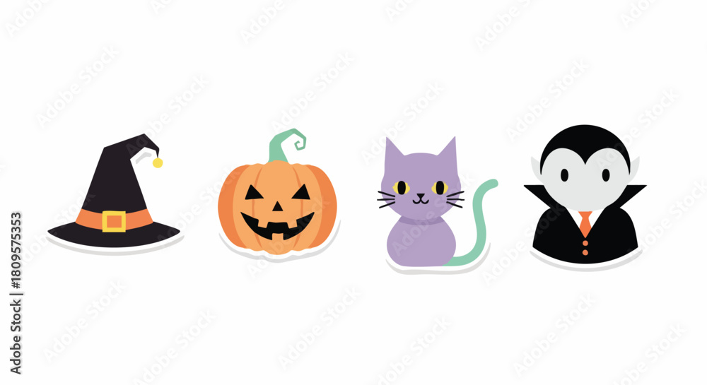 Obraz premium Delightful Halloween icons featuring a cute vampire, smiling pumpkin, playful cat, and classic witch hat for spooky season fun and festive designs