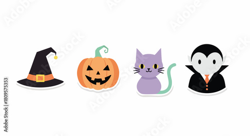 Delightful Halloween icons featuring a cute vampire, smiling pumpkin, playful cat, and classic witch hat for spooky season fun and festive designs