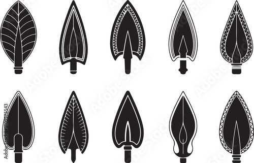 Set of vintage spearhead designs engraved weapon tips collection. Vector Black silhouettes. with white background