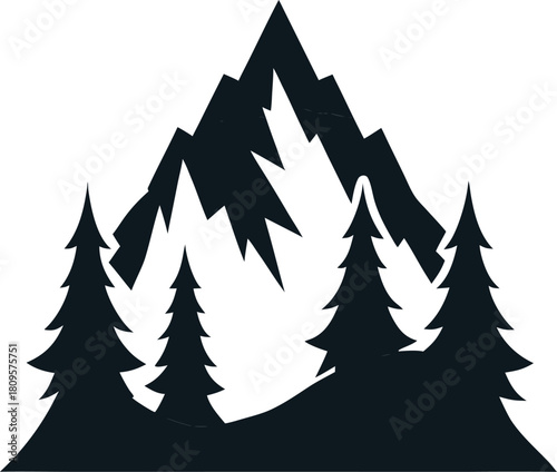 Snowy mountain with  pine trees  silhouette  icon vector  on white background 