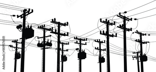 Detailed vector silhouette of complex electric utility poles, transformers, and tangled overhead power lines for energy distribution grid.
