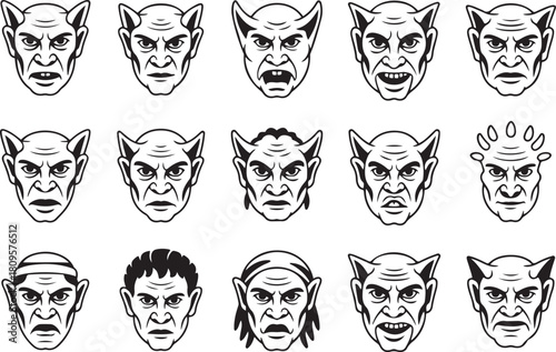 Intricate hand-drawn medieval gargoyle faces in monochrome style. Vector Black silhouettes. with white background