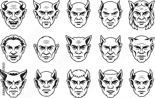 Intricate hand-drawn medieval gargoyle faces in monochrome style. Vector Black silhouettes. with white background