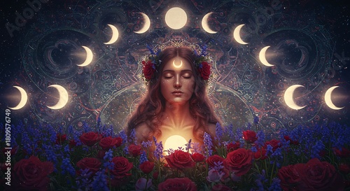 Mystical Woman with Moon Phases and Glowing Heart in a Floral Setting.