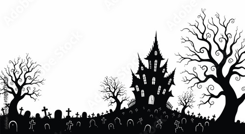 Eerie Halloween night scene with haunted mansion and spooky graveyard, perfect for invitations and seasonal promotions or creative designs that thrill