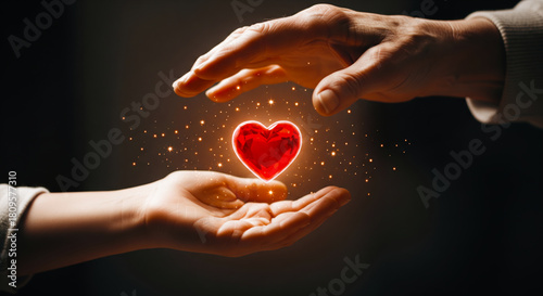 Grandparent hand giving glowing red heart shape to grandchild hand symbolizing unconditional love and health care support charity concept