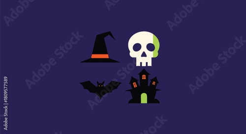Spooky Halloween Icons: Bat, Witch Hat, Skull, and Haunted House against a Dark Purple Background for Creepy Season Celebrations and Fun Holiday Designs