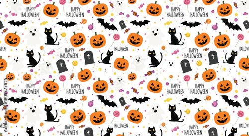 Festive Halloween pattern design with pumpkins, ghosts, bats and playful black cats creating a fun, spooky vibe perfect for backgrounds and textiles