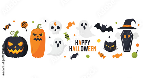 Celebrate Halloween with a spooky collection of pumpkins, ghosts, bats, a tombstone, skull, black cat, candy and a witch's hat for a festive holiday banner
