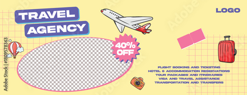 Retro travel agency horizontal banner template for adventure trips, holiday tour promotion, online ticket booking, hotel and resort booking, and travel deals advertisement.