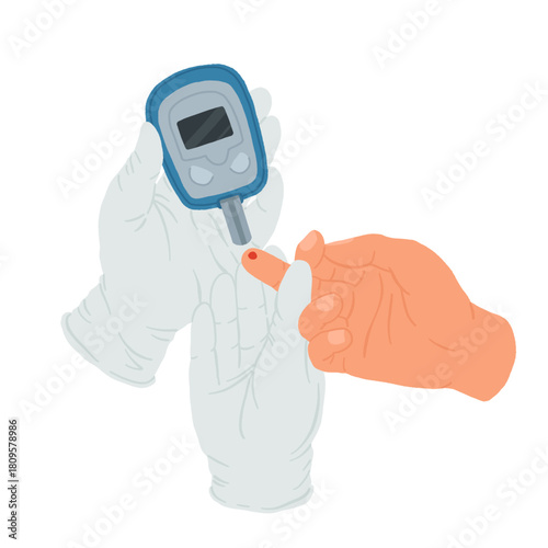 Blood glucose test with glucometer, doctor wearing medical gloves checking patient finger for diabetes diagnosis, flat vector illustration of blood sugar measurement for medical infographic