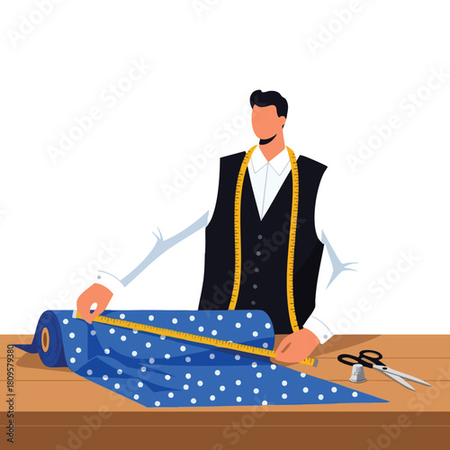 Tailor measuring fabric on worktable