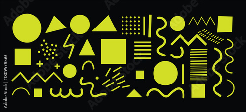 Funky crayon drawn geometric shapes and doodle lines. Colorful pencil or chalk drawn naive Swiss design aesthetic. Basic geometric shapes, dots, playful pattern, primitive forms and figures.