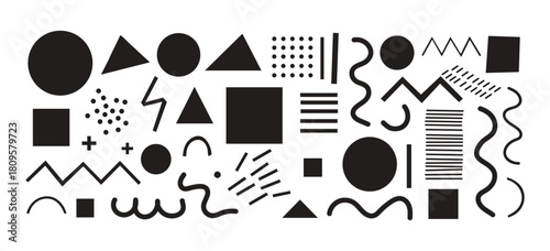 Funky crayon drawn geometric shapes and doodle lines. Colorful pencil or chalk drawn naive Swiss design aesthetic. Basic geometric shapes, dots, playful pattern, primitive forms and figures.