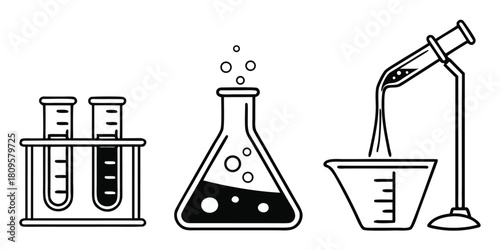 Laboratory equipment is shown with test tubes, flasks, and beakers for scientific experiments.